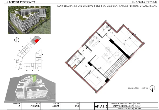 Tirane, shitet apartament 2+1+Aneks+Ballkon Kati 7, 110 m² 143.000 € (Forest Residence)