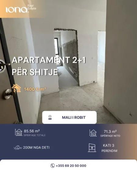 Mali Robit, shitet apartament 2+1 Kati 3, 85 m²