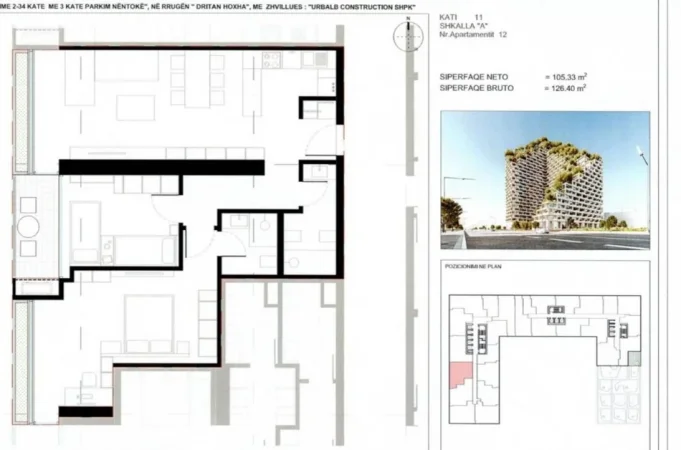 Tirane, shitet apartament 2+1 Kati 11, 126 m² 227.520 € 