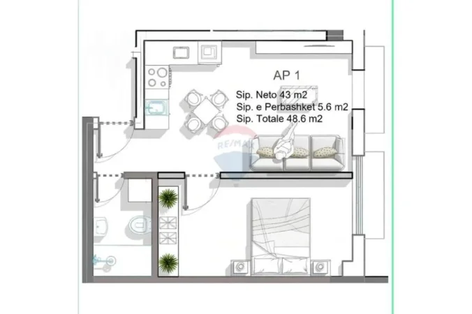 Vlore - Lungomare, shitet apartament 1+1 Kati 5, 48 m² 126.000 € (Radhime, Vlore)