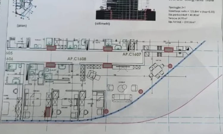 Tirane, shitet apartament 3+1+Ballkon Kati 16, 219 m² 729.000 € (Bulevardi Bajram Curri)