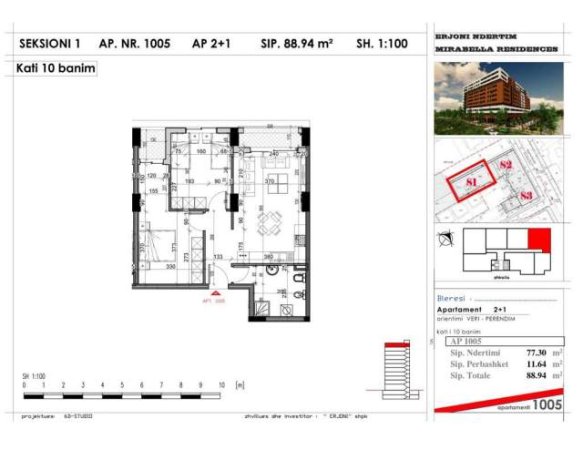 Tirane, shitet apartament 2+1 Kati 10, 89 m²  (MIRABELLA RESIDENCE)