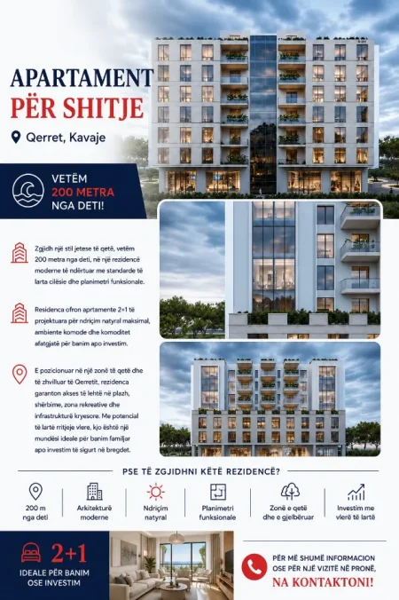 Qerret- shitet apartament 2+1- Vetem 200 m nga deti