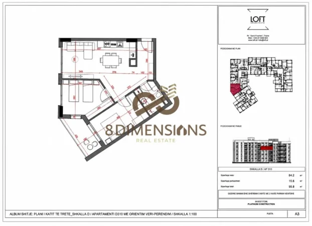 Tirane, shitet apartament 2+1+Ballkon Kati 3, 99 m² (paskuqan)