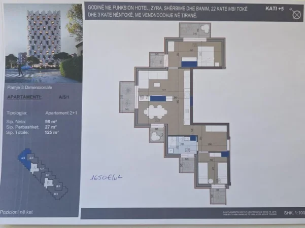 (Okazion)Apartament Luksoz 2+1 në shitje – Kati i 5-të