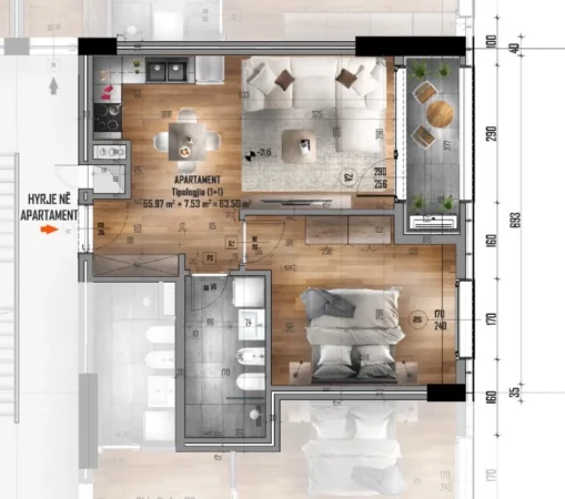 Tirane, jepet me qera apartament 1+1+Ballkon Kati 6, 60 m², 47,000 Lekë (Akses Tirana)