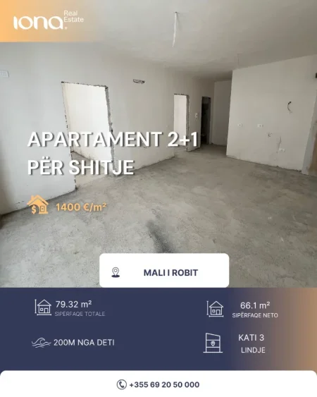 Mali Robit, shitet apartament 2+1 Kati 3, 79 m² 111.500 € (200 m larg detit)