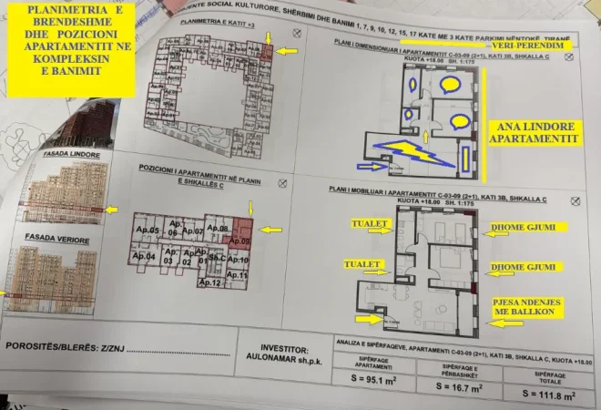 Tirane,Shitet Apart, tip 2+1+2tualet+ballkon, kati 3 nga toka,sip.112m²,Cmim 201'000€, kompleks ri banimi,rr.Endri Keko, pran Pasticeri Balliu, Tirane