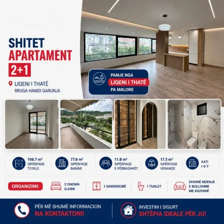 Tirane, shitet apartament 2+1 Kati 4, 107 m² (Liqeni i Thatë)
