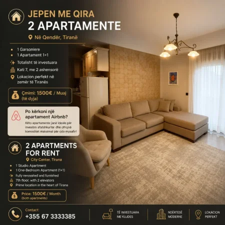 Tirane, jepet me qera apartament 1+1+Aneks+Ballkon Kati 7, 1.500 € (qender)