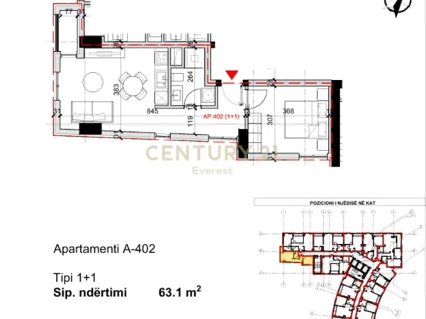 Tirane, shes apartament 1+1 Kati 4, 63 m² 148.300 € (Rruga Bardhyl)