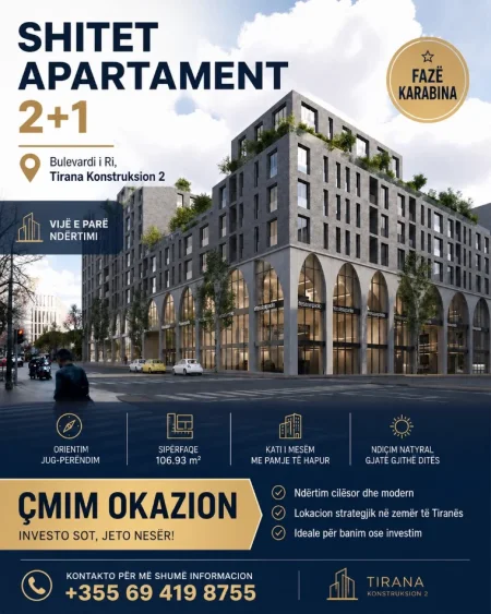 Shqiperi, shitet apartament 2+1 , 107 m² (Bulevardi i Ri, Tirana 2 Konstruksion)