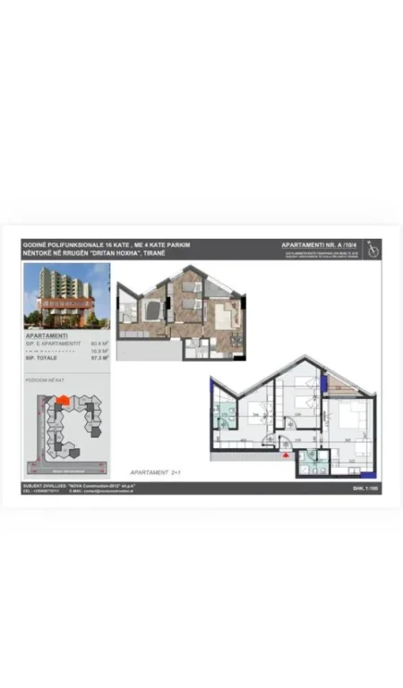 Tirane, shitet apartament 2+1 Kati 10, 97 m² 170.000 € (Laprake)