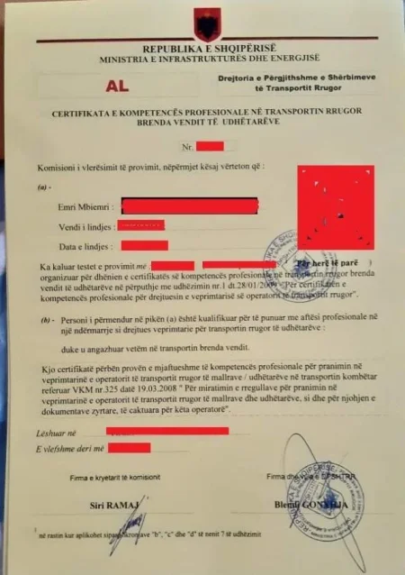Drejtues Teknik per Veprimtari Transporti Udhetare Mallrash Certifikate e Kompetences Profesionale CKP me qera