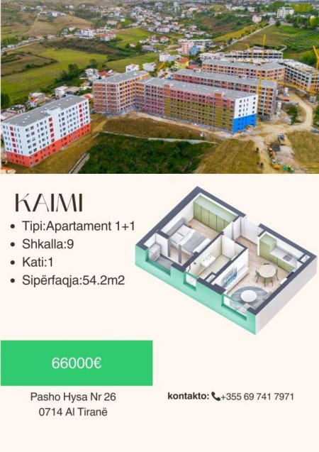 Tirane, shes apartament 1+1+BLK Kati 1, 55 m² 66.000 Euro (Pasho Hysa)