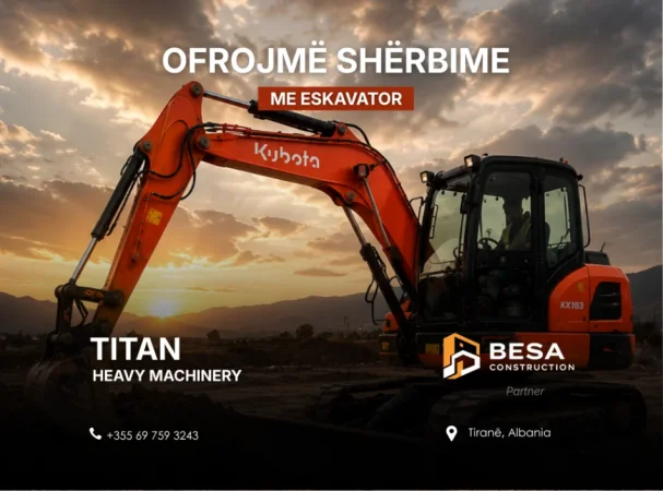Tirane, Ofrojmë shërbime me eskavator për punime ndërtimi, infrastrukture dhe sistemim terreni.