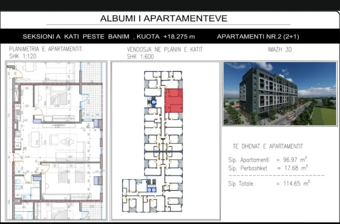 Tirane, shitet apartament 2+1 Kati 4, 94 m² (rruga berisha)
