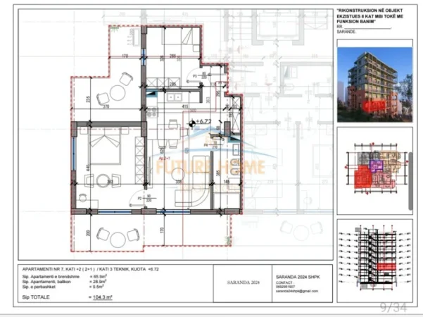 Sarande, shitet apartament 2+1, PAMJE NGA DETI, Kati 3, 104 m² 239.890 € (SARANDE)