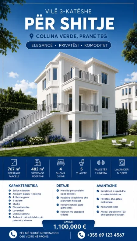 Tirane, shitet Vile 4+1+Ballkon , 767 m² 1.100.000 € (Collina Verde, pranë TEG)