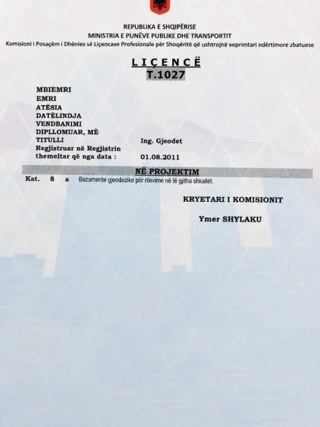 OFROJ LICENSE TOPOGRAFIKE PER KUALIDIM DHE SI DREJTUES TEKNIK OBJEKTESH