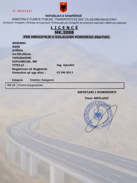 OFROJ LICENSE TOPOGRAFIKE PER KUALIDIM DHE SI DREJTUES TEKNIK OBJEKTESH