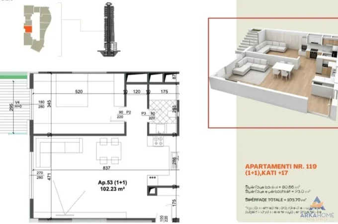Tirane, shitet apartament 1+1+Ballkon Kati 17, 103 m² 238.500 € 