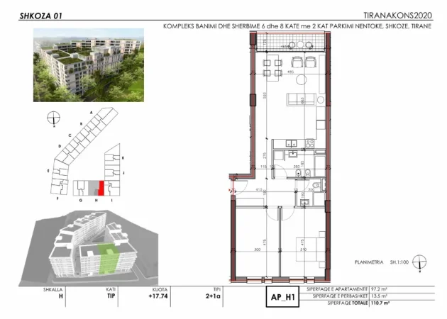 Tirane, shitet 1+1+Ballkon Kati 4, 79 m² +Forest Residence