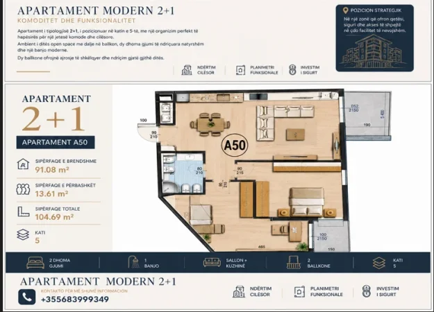 Tirane, shitet apartament 2+1+Ballkon Kati 5, 104 m² 135.200 € (Fundi i Bulevardit, Paskuqan, Residenca Sanel shpk)