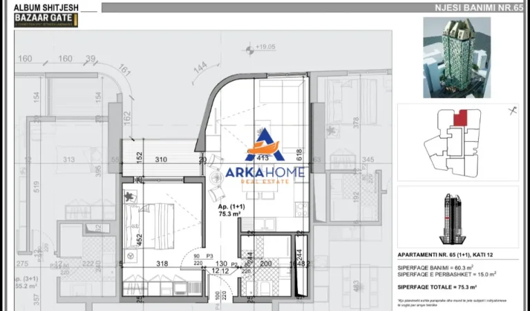 Tirane, shitet apartament 1+1+Ballkon Kati 12, 75 m² 256.020 € 