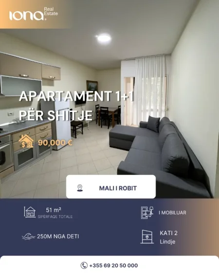 Mali Robit, shitet apartament 1+1 Kati 2, 51 m² 90.000 € (250m larg detit)