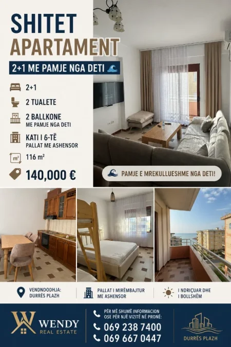 Durres, shitet apartament 2+1 Kati 6, 116 m² 140.000 € (Durres PLAZH)