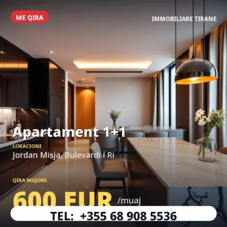 Tirane, jepet me qera apartament 1+1 Kati 5, 65 m² 600 € (Jordan Misja)