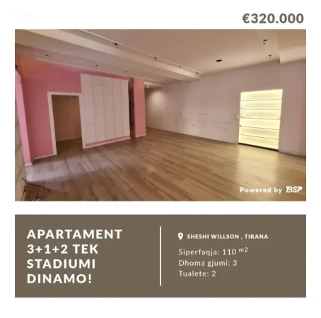 Tirane, shitet apartament 3+1+Aneks+Ballkon , 110 m² 320.000 € (stadiumi dinamo , sheshi willson)