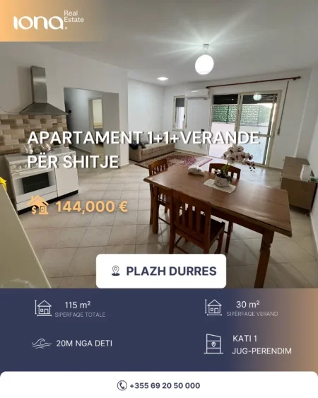 Durres Plazh, shitet apartament 1+1 Kati 1, 115 m² 144.000 € (20 m nga deti)