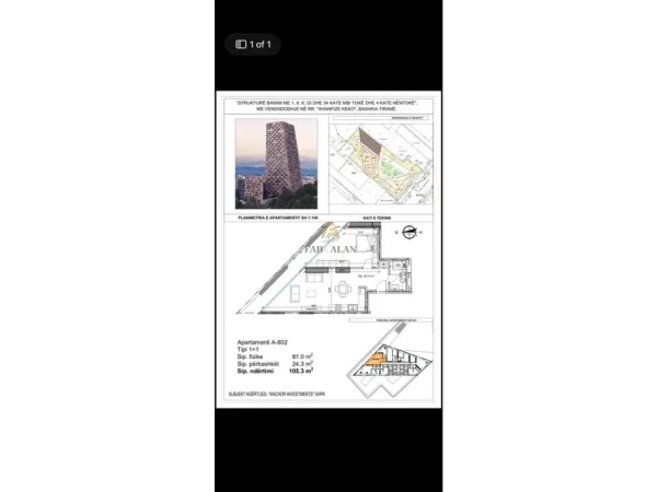 Tirane, shitet apartament 1+1 Kati 3, 81 m² 250.000 € (Kinostudio, Tirana, Albania)