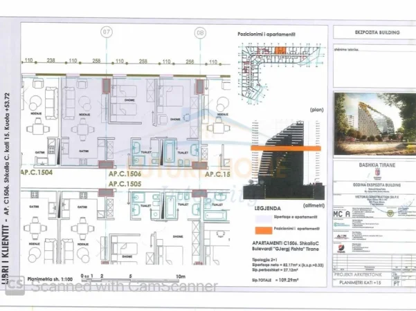 Tirane, shitet apartament 2+1 Kati 15, 109 m² 360.000 € (Ish Ekspozita)