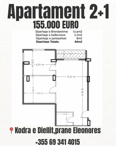 Tirane, shitet apartament 2+1+Ballkon Kati 2, 84 m² 155.000 € (Prane Eleonores)