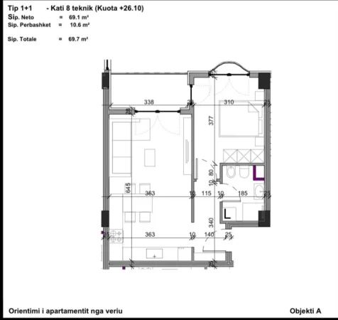 Tirane, shitet apartament 1+1 Kati 8, 91655 € (Kompleks Aluna 2)
