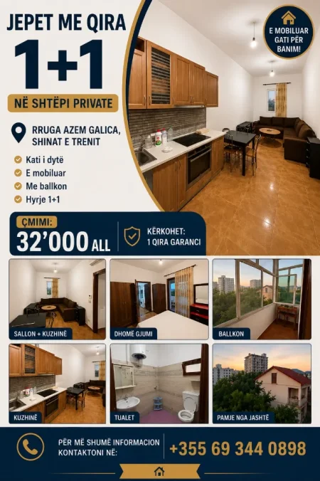 Tirane, jepet me qera shtepi 1+1+Ballkon Kati 2, 50 m² 320 € (Azem Galica)