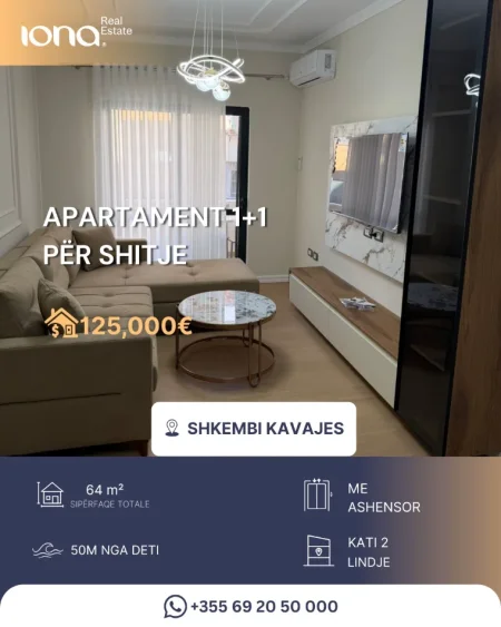 Shkembi Kavajes, shitet apartament 1+1 Kati 2, 64 m² 125.000 € (50 m larg nga deti)