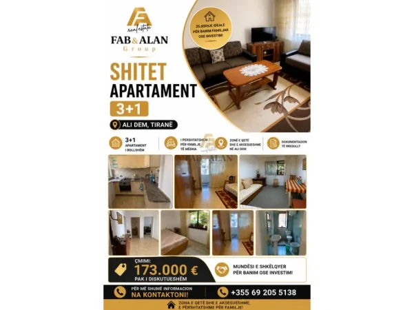 Tirane, shitet apartament 3+1+Ballkon Kati 0, 173.000 € (Ali Demi)