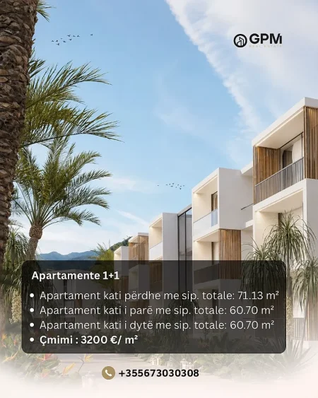 Në zemër të Radhimës, Vlorë, ofrohen për shitje apartamente 1+1 pjesë e një resorti modern ku arkitektura bashkëkohore ndërthuret me panoramën e detit
