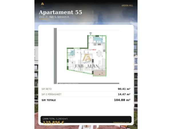 shitet apartament Kati 5, 104 m² 125.856 € (Arden Hill në zonën e Paskuqanit,)