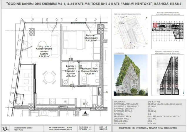 Tirane, shitet apartament 1+1 Kati 3, 179.000 € (New Boulevard Tower)