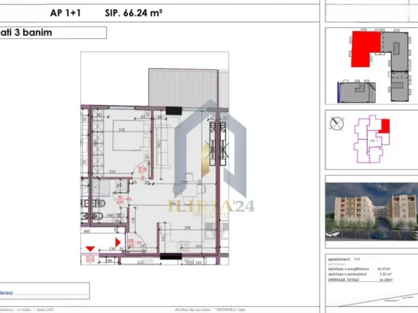 Tirane, shes apartament 1+1+Ballkon Kati 3, 66 m² 66.240 € (Apartament 1+1 per shitje tek Kodra e Liqenit Paskuqan)