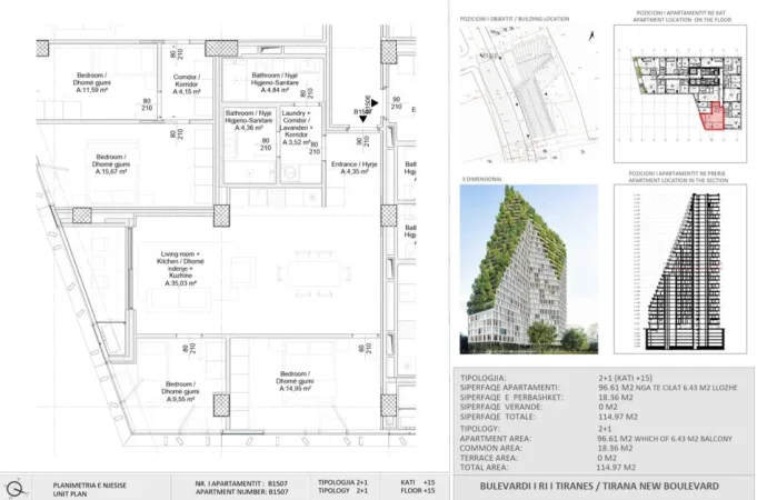 Tirane, shitet apartament 2+1 Kati 15, 275.000 € (New Boulevard Tower)