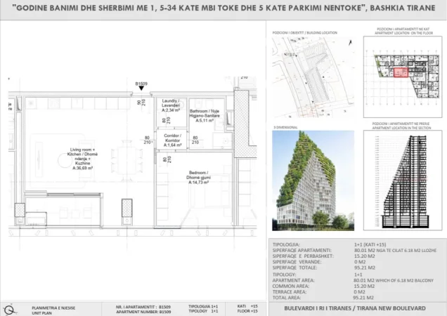 Tirane, shitet apartament 1+1 Kati 15, 225.000 € (New Boulevard Tower)
