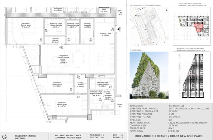 Tirane, shitet apartament 3+1 Kati 15, 420.000 € (New Boulevard Tower)