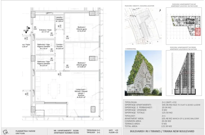 Tirane, shitet apartament 2+1 Kati 15, 300.000 € (New Boulevard Tower)