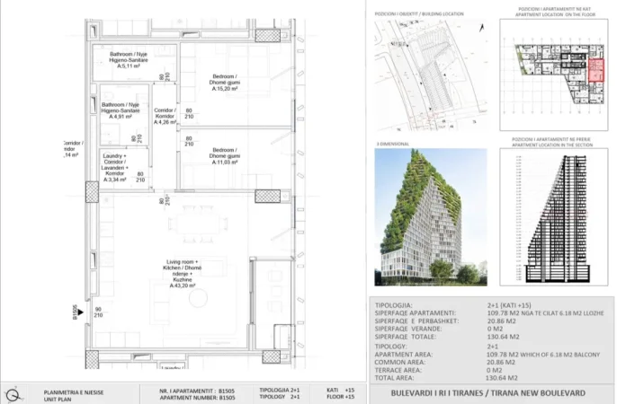 Tirane, shitet apartament 2+1 Kati 15, 310.000 € (New Boulevard Tower)